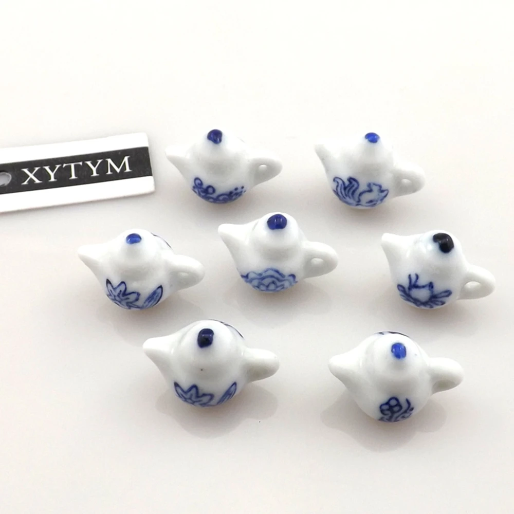 Fashion antique teapot ceramic pendants, antique Chinese teapot ceramic charms, blue-white porcelain style ceramic charms