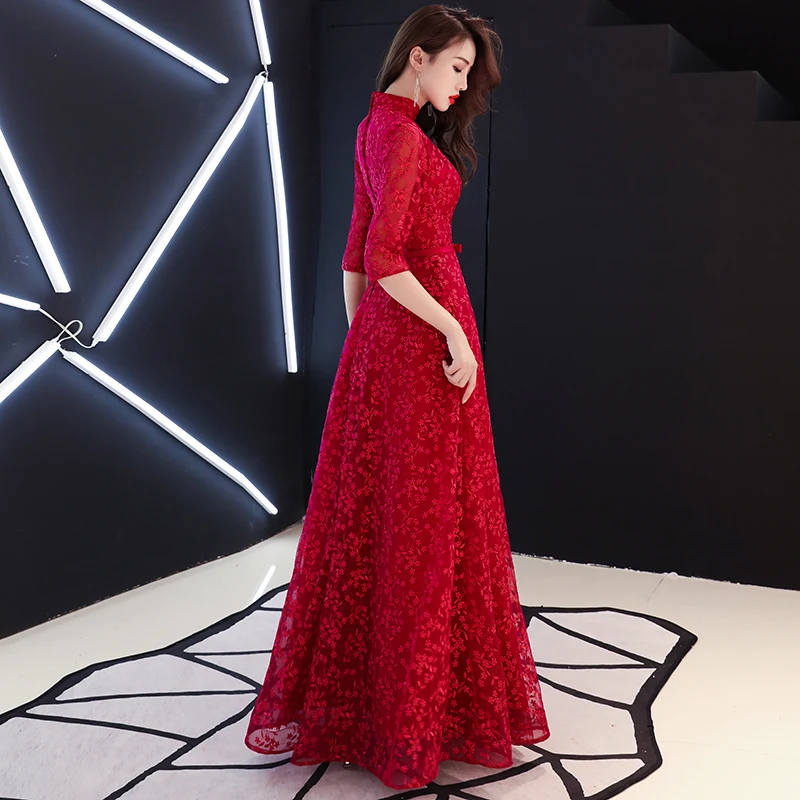 Customized Wine Red Small High Neck A Line Illusion Long Evening Dresses Lace Half Sleeves Zipper Formal Evening Dress WY925
