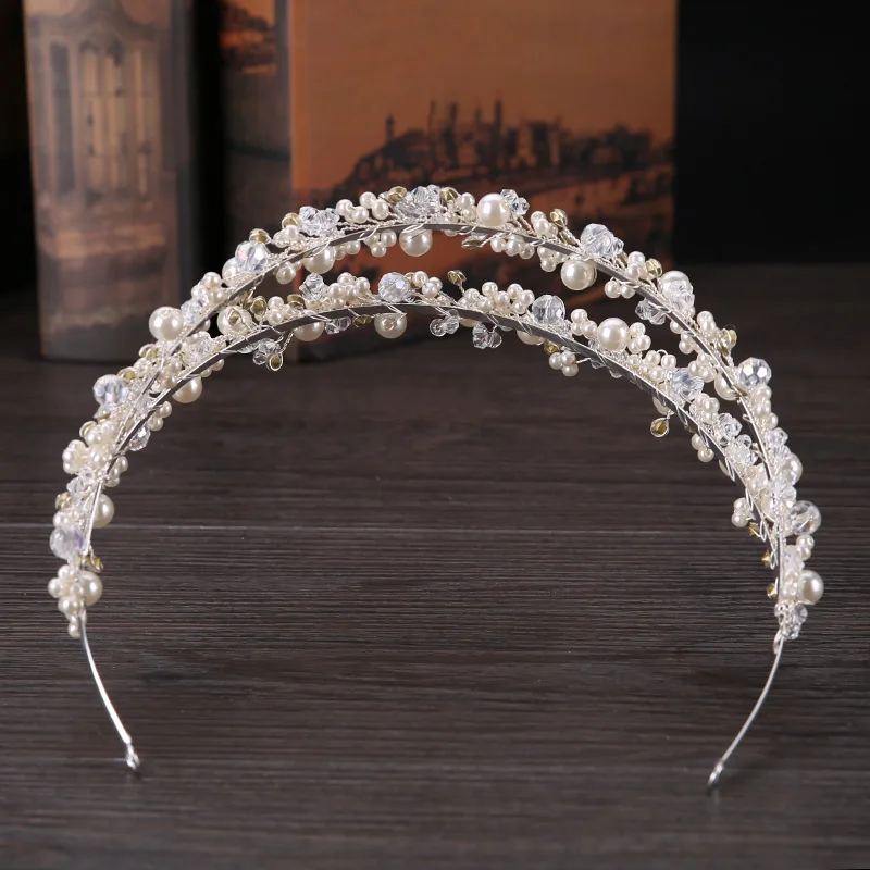 GETNOIVAS Women Double Row Pearl Crystal Beads Headband Hairband Tiara Princess Bridal Wedding Crown Hair Jewelry Accessories SL