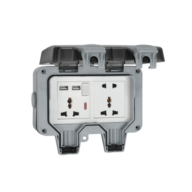 Waterproof Electrical Socket  10A Universal 2 Socket Plug Power Damp Proof Outdoor Electrical Outlet With 2 USB Socket