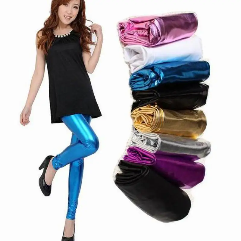 Plus Size Latex Metallic Leggings Candy color Faux Leather Legging Mid Waist Ankle Length Pants Women legging Black / Gold