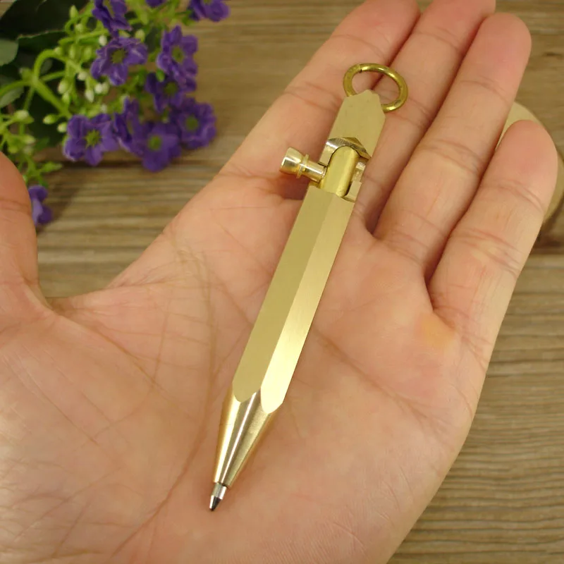 ACMECN New Arrival 90mm Mini Pocket Ball Pen with key ring Pure Brass Ballpoint Pen Gun Style Hexagonal Copper Tactical Pens