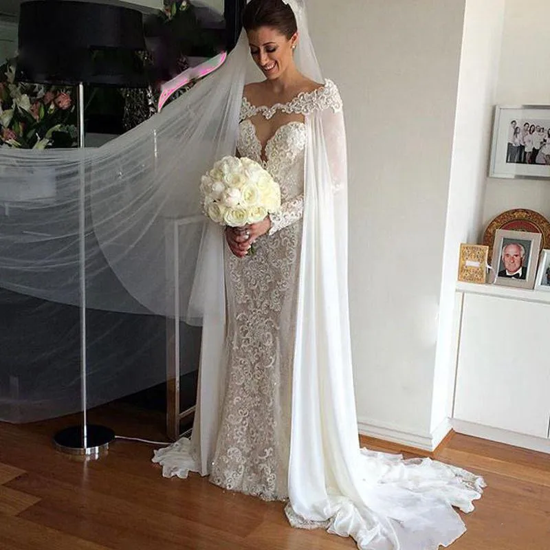 2019 Hot Sale Bridal Wraps White/ivory Chiffon Wraps Appliques Lace Wedding Jacket Bridal Cloak Lace Bridal Dress's Cape