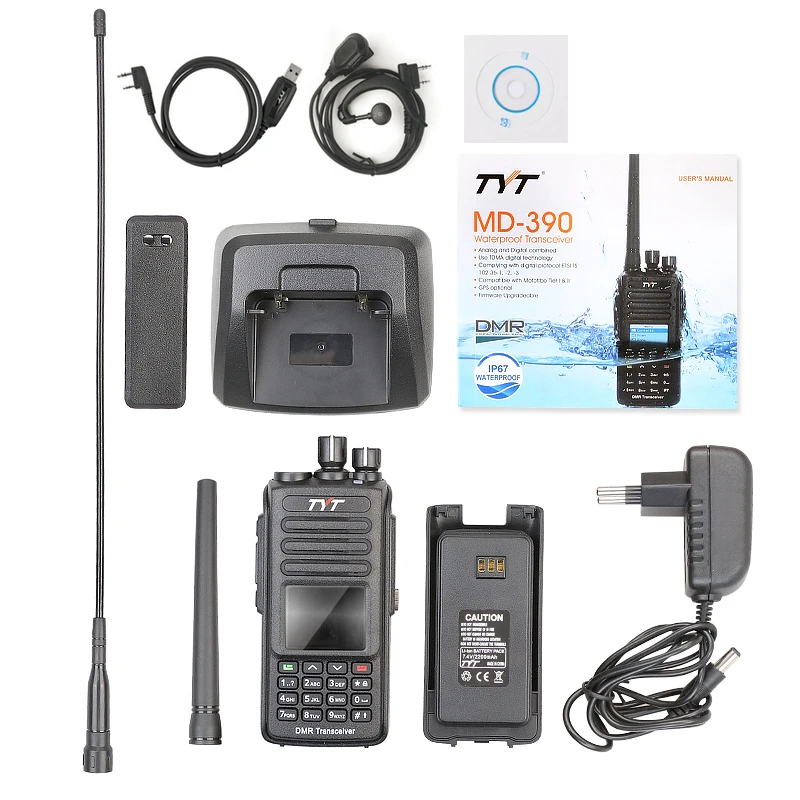 Newest Version TYT MD-390 DMR Digital Radio Waterproof Dustproof IP67 Walkie Talkie Transceiver VHF or UHF with Cable