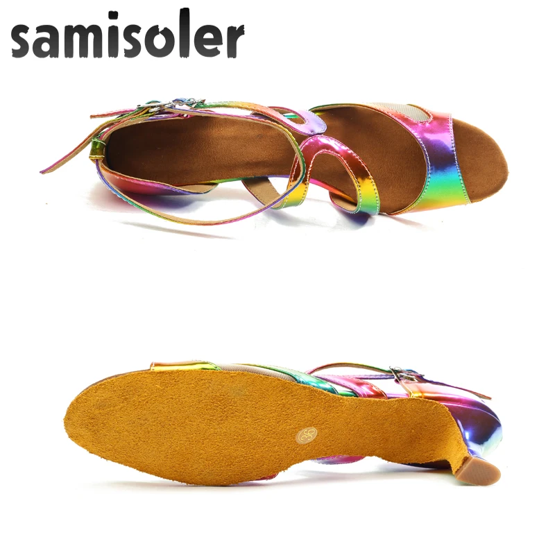 Samisoler Latin Dance Shoes Rainbow Colors bright PU Women\'s Salsa elegant Ballroom dancing shoes soft tango dance shoes heel