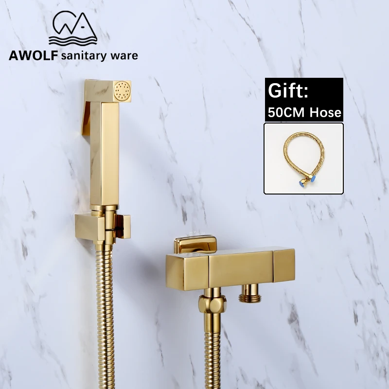 Hand Held Bidet Sprayer Shiny Titianium Gold Square Douche Kit Toilet Shattaf Solid Brass Dual Copper Valve Faucet Shower AP2178