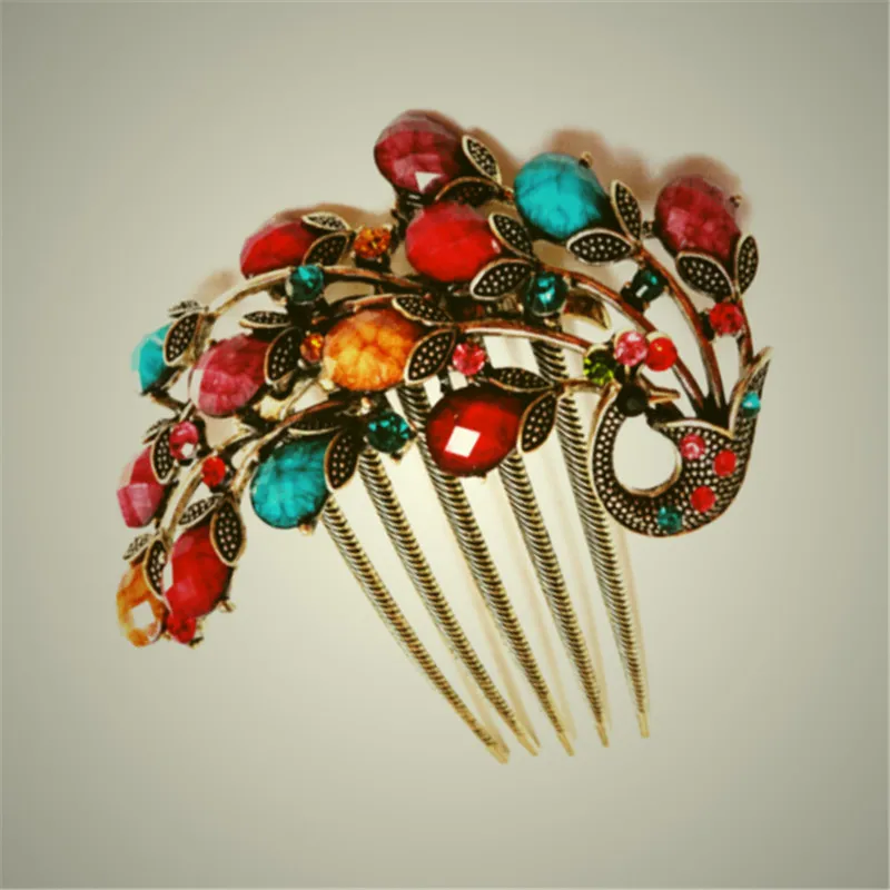 Top Quality 5 Color Resin Crystal Beautiful Peacock Hair Combs Wedding Hair Jewelry Retro Gold Color Hairpin For Women Girl Gift