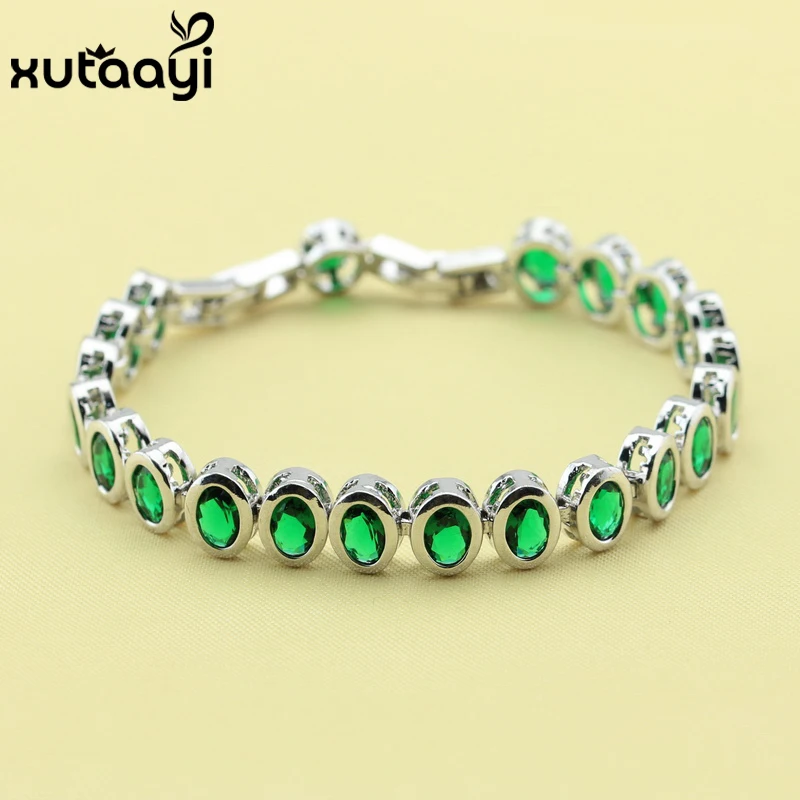 Fashion Jewelry Green Imitated Emerald Sterling Silver Overlay Bracelet For Women Adjustable Link Chain Bracelet Length 18+2 cm