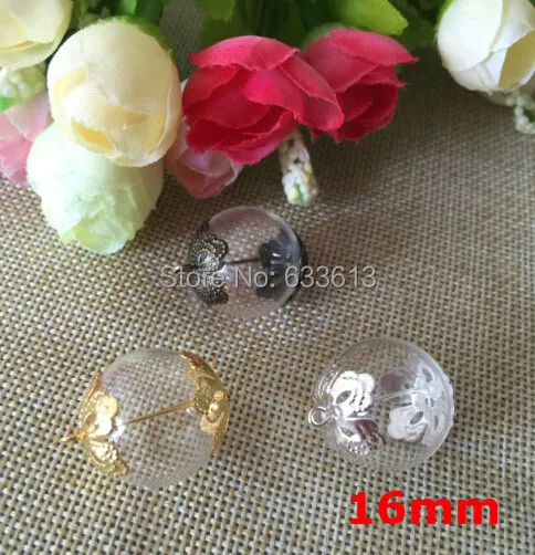 

100sets/lot 16mm Round Glass Bubble Vial&Flower ball cap & Eye pin findings DIY Glass Bottle Pendant, glass globes with two hole