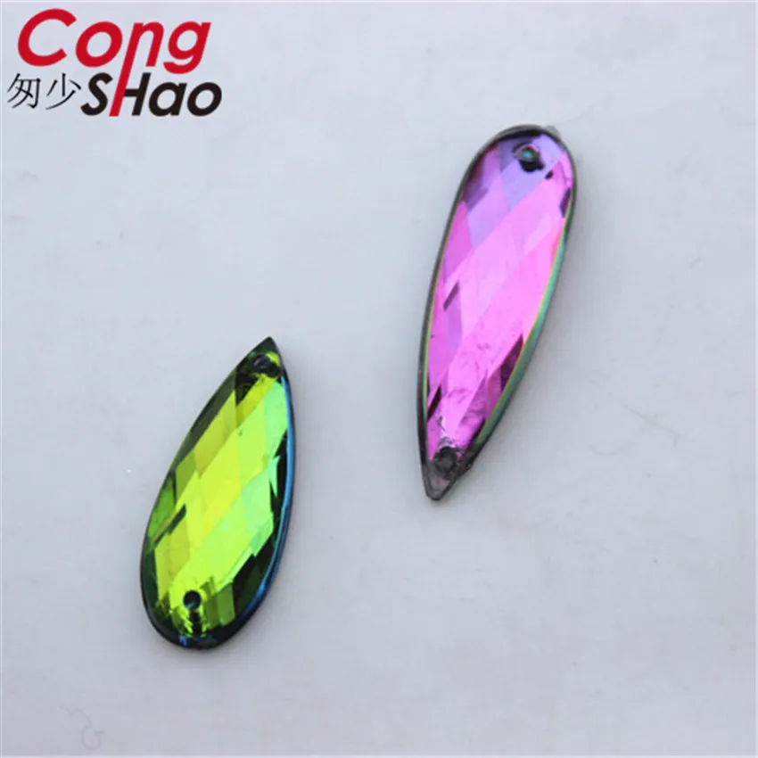 Cong Shao 100pcs 8*21/8*28mm Rainbow color Crystal Stones Acrylic Rhinestone Flat Back  sewing 2 Hole Wedding Dress Button CS338