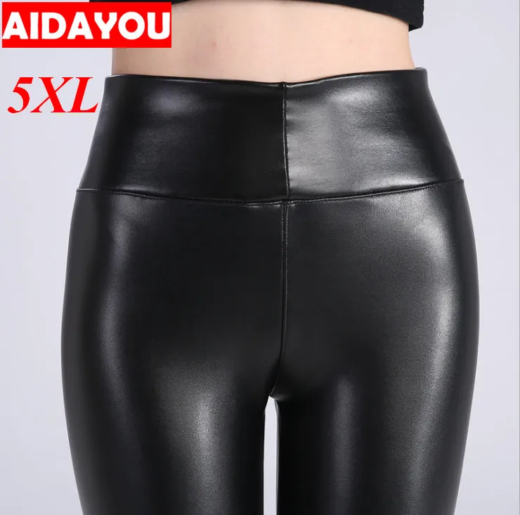 High Waisted Leggings Warm Fleece Lined Stretchy Faux Leather Legging 5XL Solid Brushed for Casual ouc1685b
