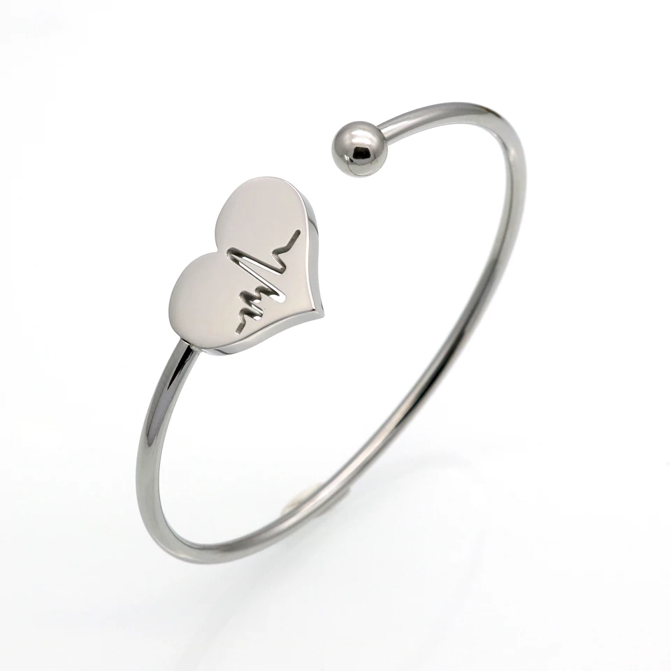 Fashion Stainless Steel Bangles & Bangles Hollow Heart Carved Electrocardiogram Charm Bracelets Jewelry For Women Love Gifts