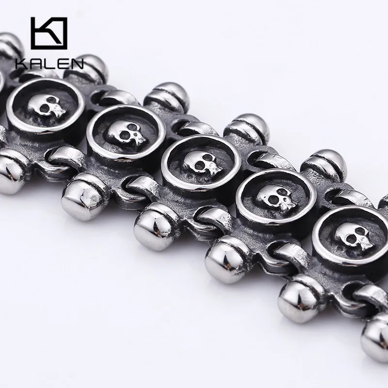 KALEN Punk 21.5cm Skull Bracelets Men Stainless Steel Matte Linking Skull Charm Bracelets Gothic Biker Halloween Jewelry