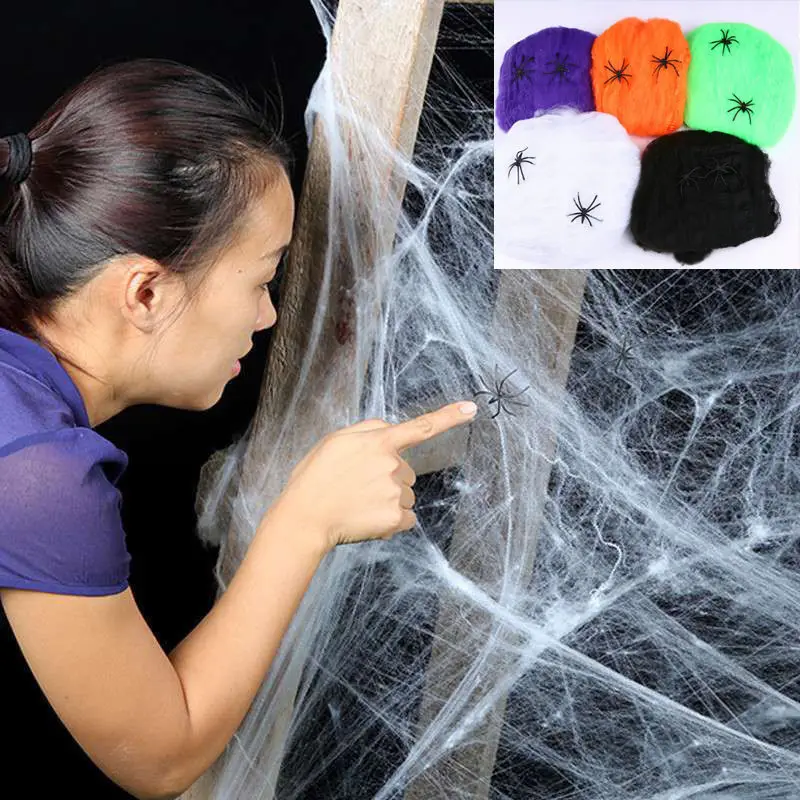 Decoración de fiesta de Halloween, suministros de fiesta de miedo, telaraña elástica blanca, telaraña de terror, utilería para Bar, Haund, hogar DS49