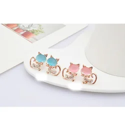 Grace Jun Korea Style Fashion Rhinestone Opal Small Cat Clip on Earrings for Girls Party Wedding Luxury Without Pierced Earrings