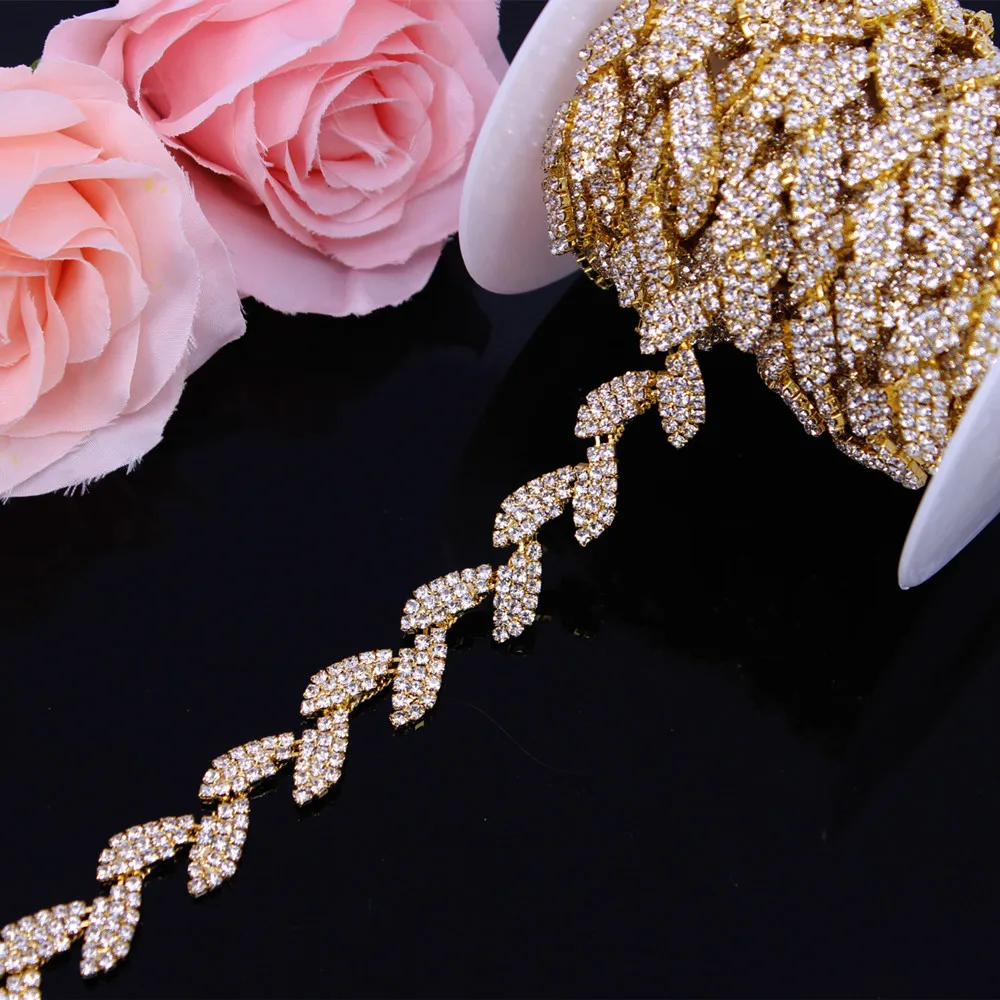 1Yard Fashion Rose Gold Crystal Wedding Dress Belt Bridal Cup Chain Trim Leaf shape Rhinestone Trim Sew on Garments DIY Dress