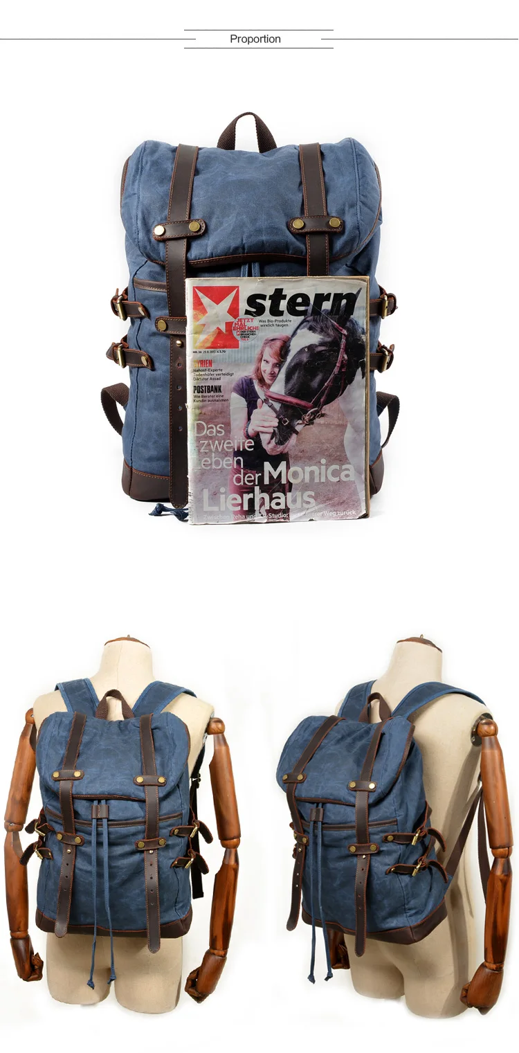 MUCHUAN 15.6 "Laptop Rucksack Vintage Große Kapazität Öl Wachs Wasserdichte Rucksäcke Teenager Leinwand Leder Kordelzug Rucksäcke – Detail 4