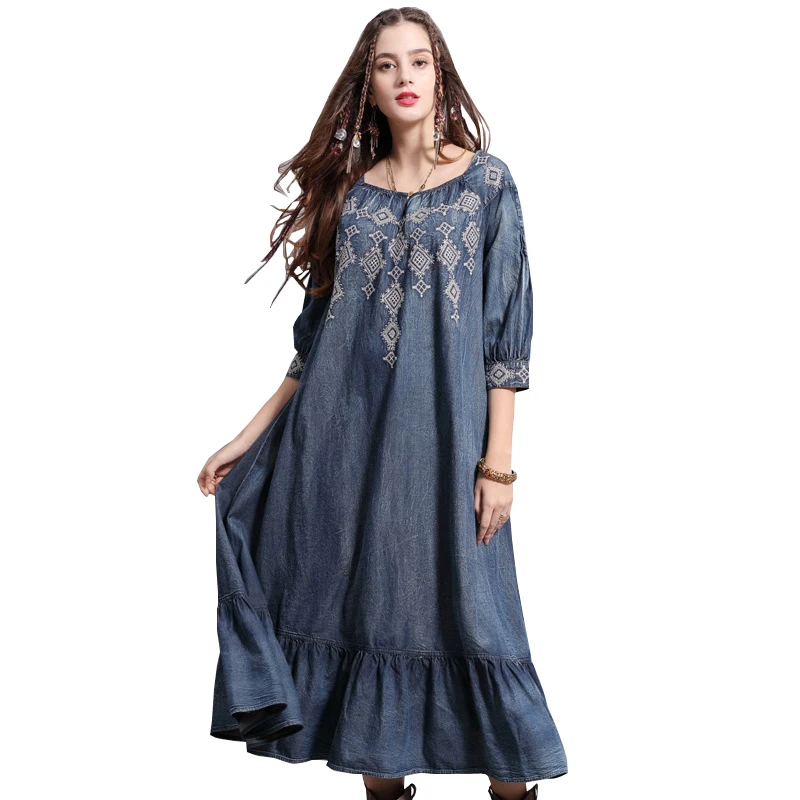 

2022 Vintage Embroidery Half Sleeve Women Cotton Denim Blouses Loose Style Women Long Dress Vestidos Women Summer Maxi Dress