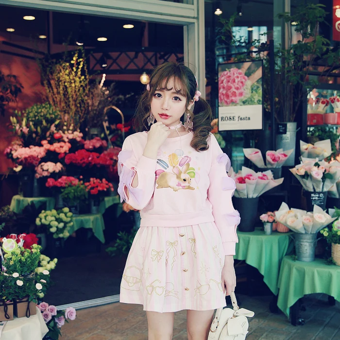 Princess sweet lolita sweater BOBON21 Japan GA Macarons sharawadgi bow hollow sleeve sweater rabbit T1350