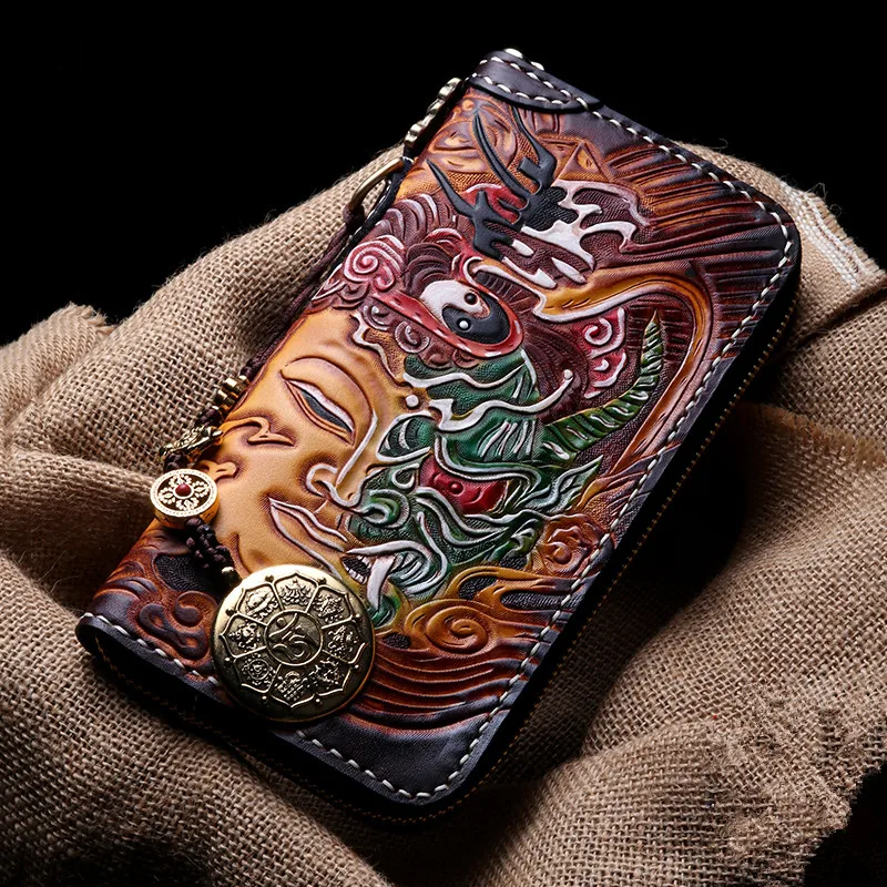 Handmade Men Genuine Leather Wallets Hand Engraving Purses Women Clutch Vegetable Tanned Leather Wallet New Year's Gifts