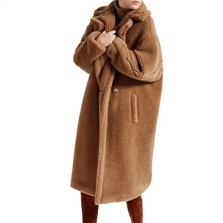 Harppihop*new arrival free shipping real sheep fur coat long style wool coat camel teddy coat over size winter women coat