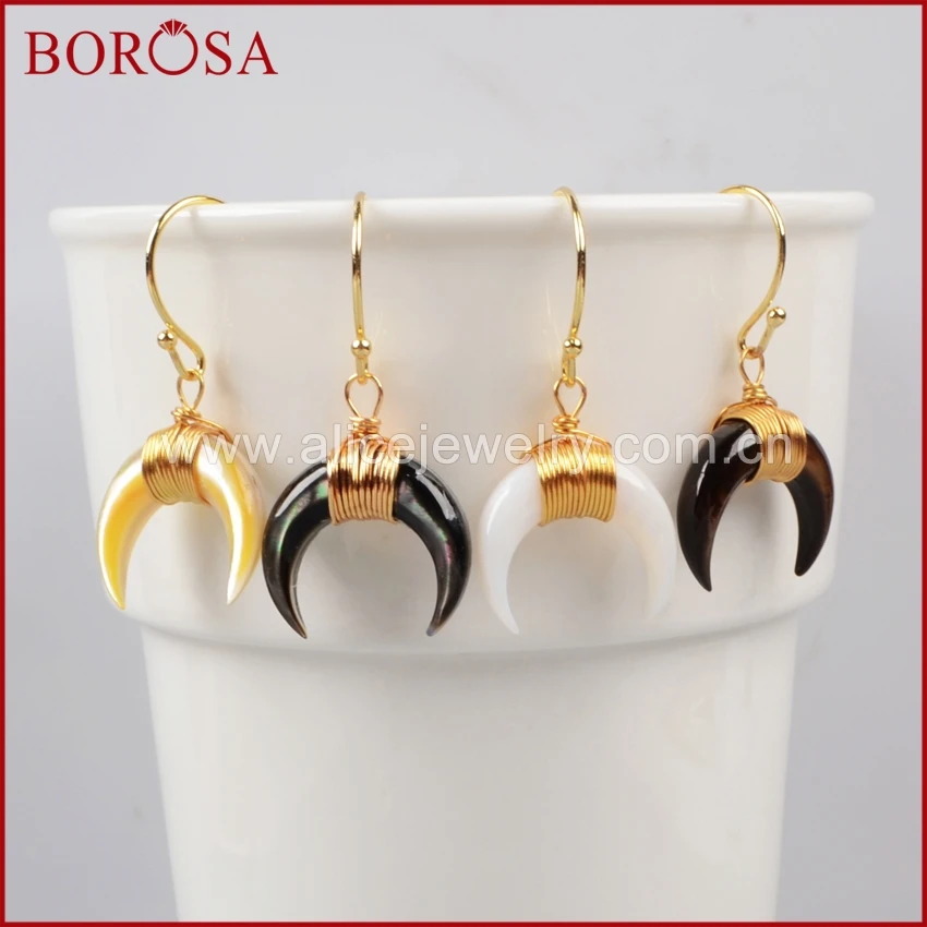 

BOROSA Gold Color Wire Wrap Crescent Multi-Kind Shell Earrings for Women Fashion Jewelry WX021-E