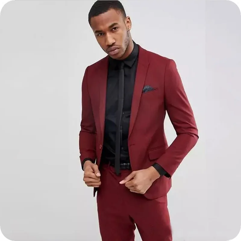 

Latest Designs Burgundy Men Suits for Wedding Prom Suits Pants Groom Tuxedos Man Blazers Terno Masculino 2Pieces Evening Party