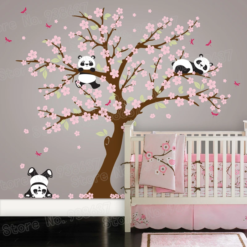 

Panda Bear Cherry Blossom Tree Wall Decal for Nursery Vinyl Self Adhesive Wall Stickers Flower Tree Home Decor Bedroom ZB572