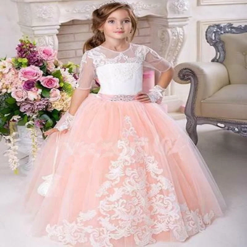 Elegant Flower Girl Dresses For Lace Applique Half Sleeve Fluffy Tulle Little Girls First Holy Communion Party Dresses