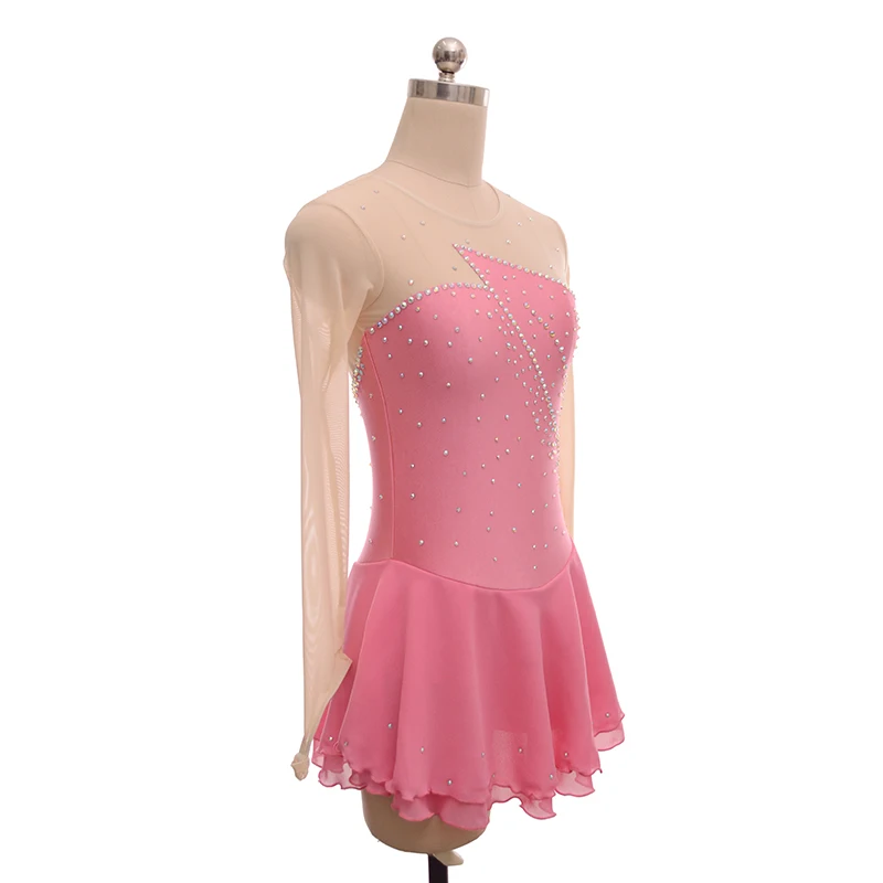 New Figure Skating Dress Girl Women Spandex Crystal Competition Dance Dress Long Sleeve Pink Skating Skirt