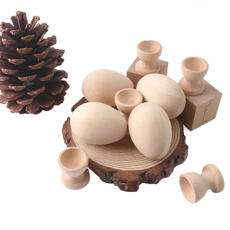 

2pc Wooden Egg Cups Easter Egg DIY Unfinished Crafts Smooth Surface Wooden Teething Toys Baby Gifts Wood Painting Blocks Toys