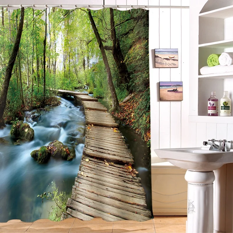 Pretty Stream water Scenic Pattern Polyester Fabric Waterproof Shower Curtain Eco-Friendly Bathroom Curtain Home