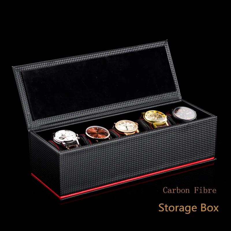 5 Slots Carbon Fibre Watch Box Organizer Black Watch Case Storage Men's Watch Display Gift Case