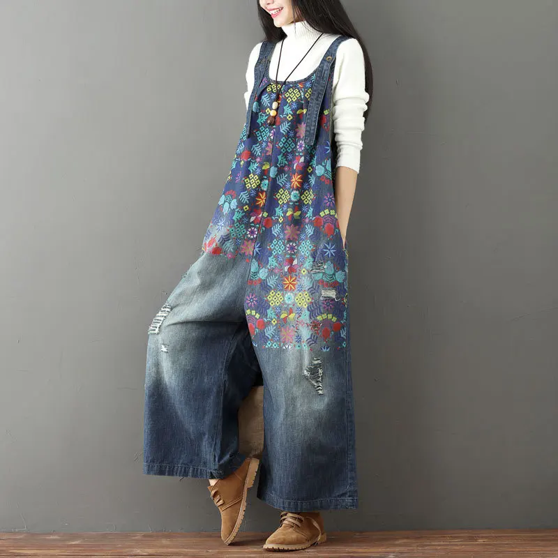 

Denim Jumpsuits Women Ripped Jeans Oversize Scratched Bib Wide Leg Overalls Female Baggy Rompers Japan Harajuku Printed Floral