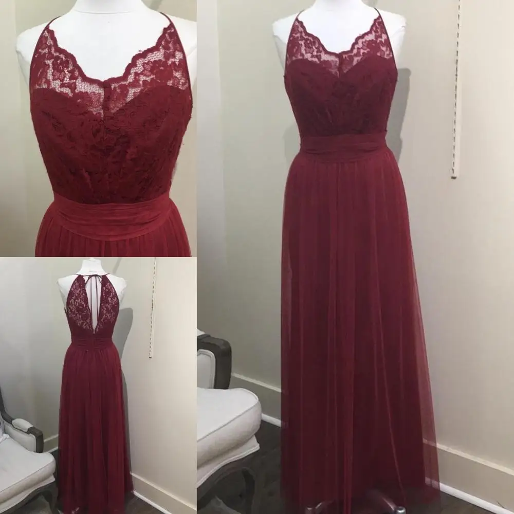 robe demoiselle d'honneur 2019 Burgundy Bridesmaid Dresses A Line Halter Neck Tulle Long Wedding Party Dress Sexy Back Lace Top