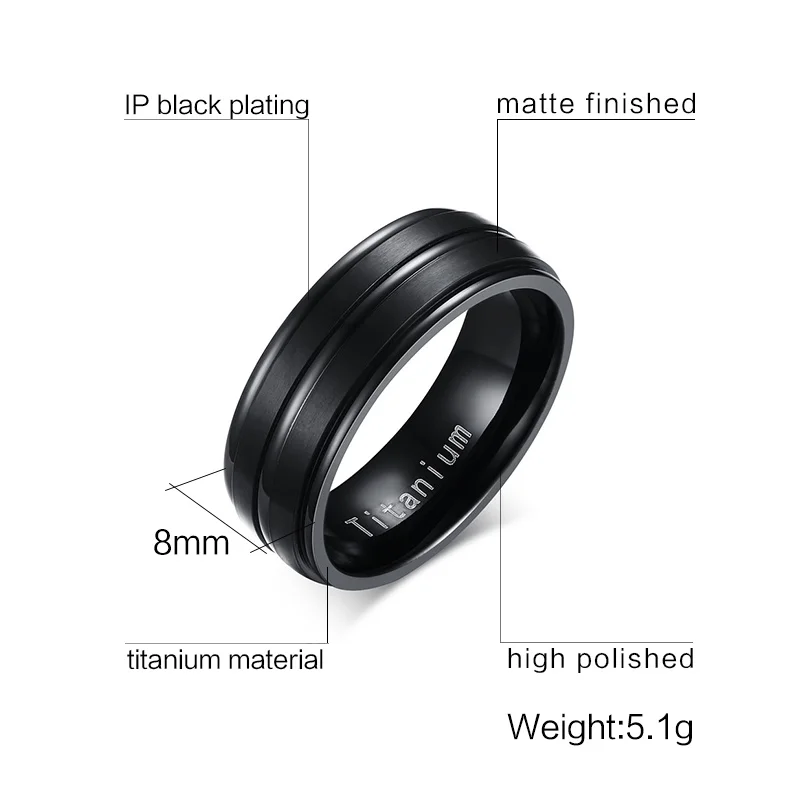 Vnox 8mm Black Men Ring 100% Titanium Carbide Casual Men\'s Jewelry Wedding Bands Classic Boyfriend Gift