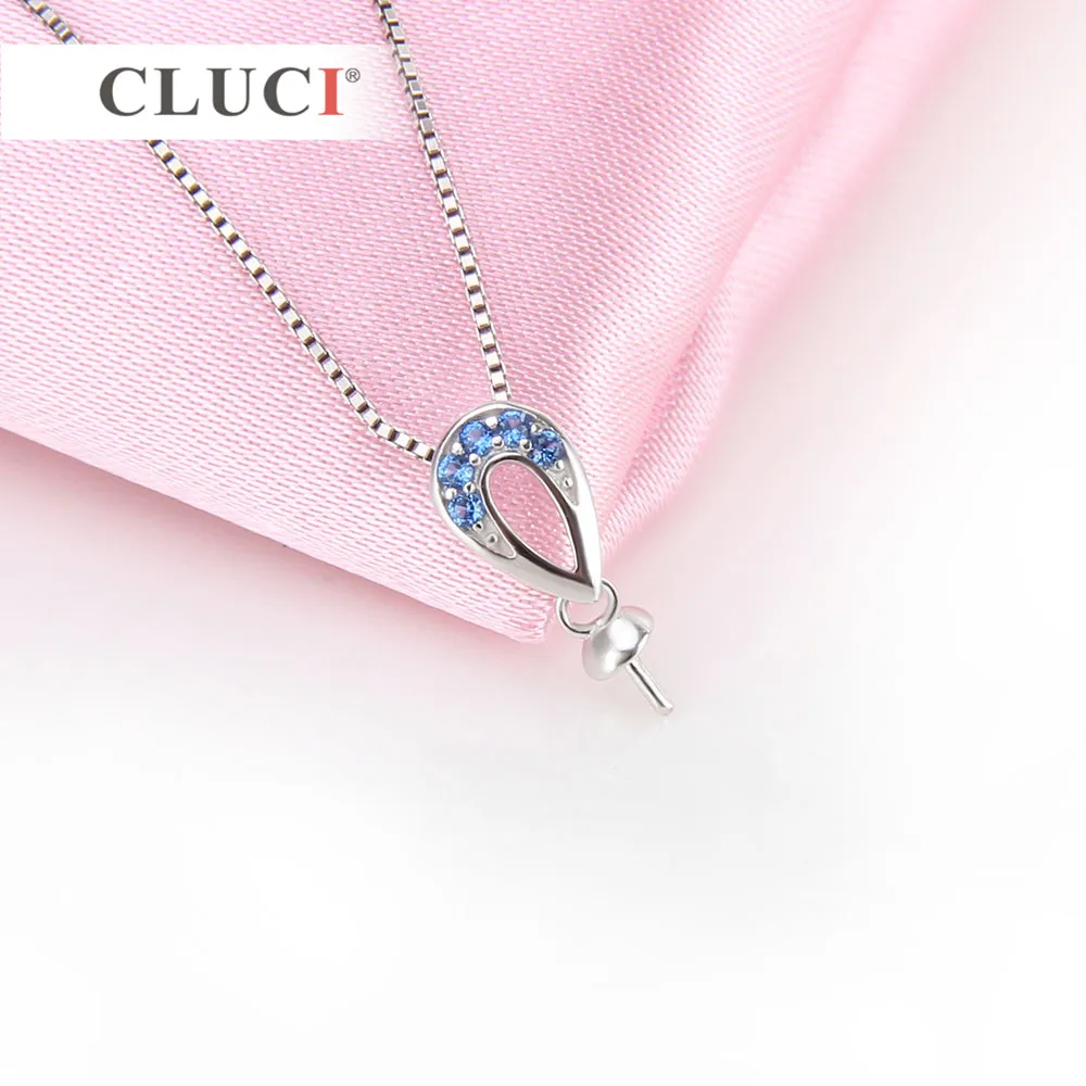 CLUCI Jewelry 100% Sterling Silver 925 Blue Zircon Freshwater Pearl Pendant DIY For Women Jewelry,Can stick Pearl on SP201SB