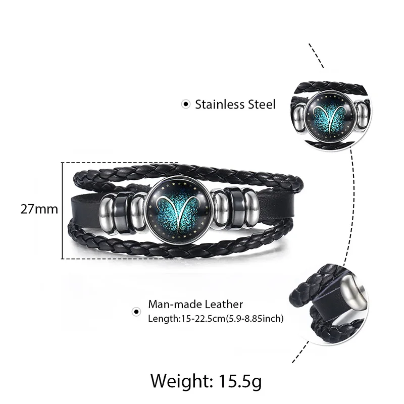 Davieslee 12 Zodiac Sign Men's Leather Bracelets Stainless Steel Beaded Aries Libra Charm Bracelet Male Jewelry Gifts LLBM137