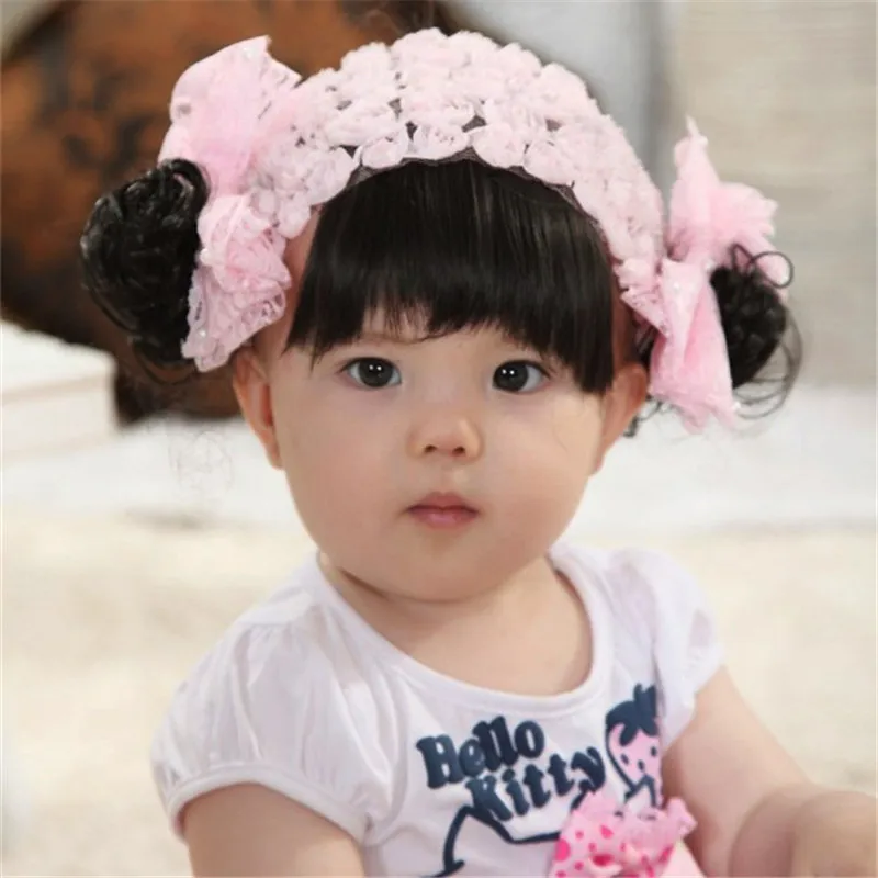 Newborn Pink baby hat Toddler Baby Warm Hat girls Caps Lace Girls Hats Wig fake bangs for Newborn as gift