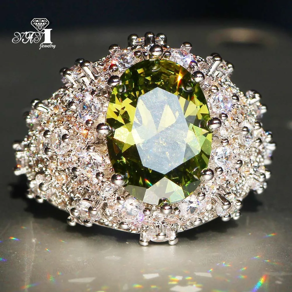 YaYI Jewelry Princess Cut Huge Green Peridot Zircon Silver Color Engagement Wedding Heart Girls Party Rings Gifts