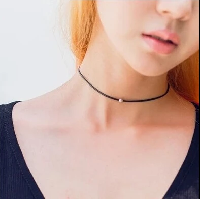 N124 Silver Beads Choker Necklace,Punk Thin Black Rope Metal Bead Short Black Necklaces