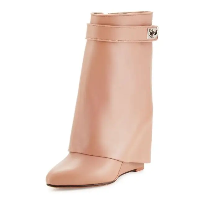 Beige Suede Shark Lock Boots Pointed Toe Height Increasing Women's Ankle Winter Runway Boots Size 10 Sexy Woman Ankle Boots