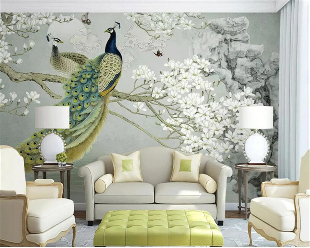 Custom wallpaper new Chinese white magnolia peacock rockery living room sofa TV background papier peint 3d wallpaper