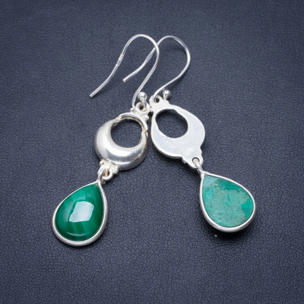 

Natural Malachite Handmade Unique 925 Sterling Silver Earrings 2" A1414