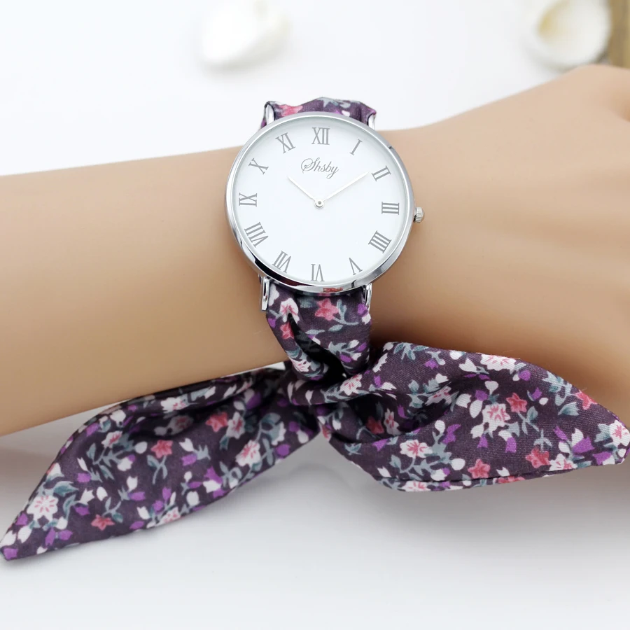 Shsby reloj de pulsera de tela de flores para mujer, reloj de vestir de plata romana, reloj de tela de alta calidad, reloj de pulsera para niñas