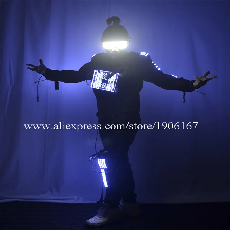 White LED Lights Dancer Ballroom Costume Led Luminous Robot Men Suit Stage Performance DJ Show Illuminated Party Clothes