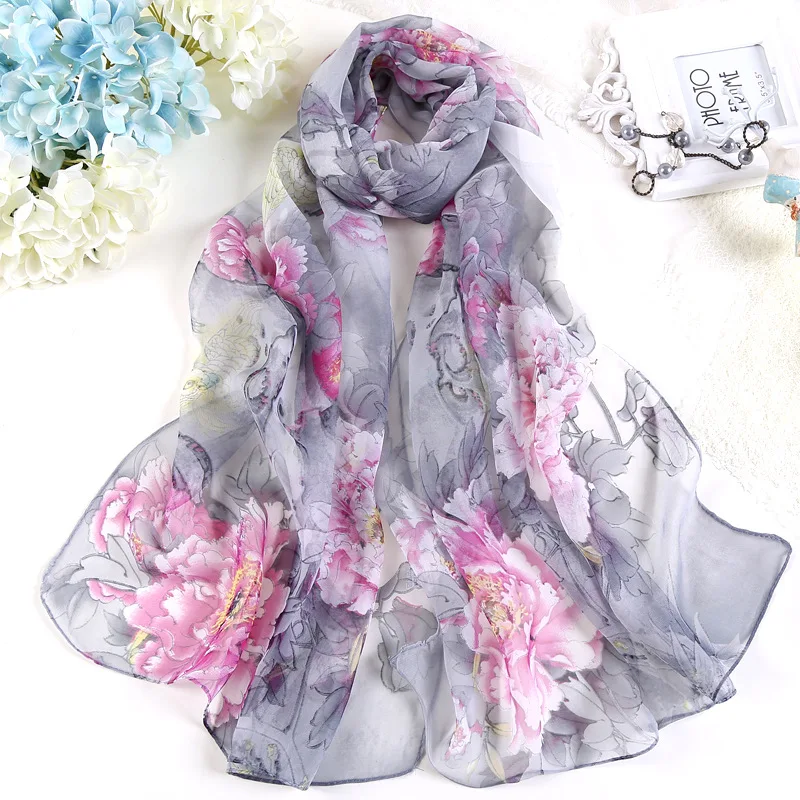 Hot Fashion Summer Chiffon Georgette Scarf Parrot Peony Print Women Foulard Long Shawl&Wrap Bandana Elegant Thin 50*160cm M163