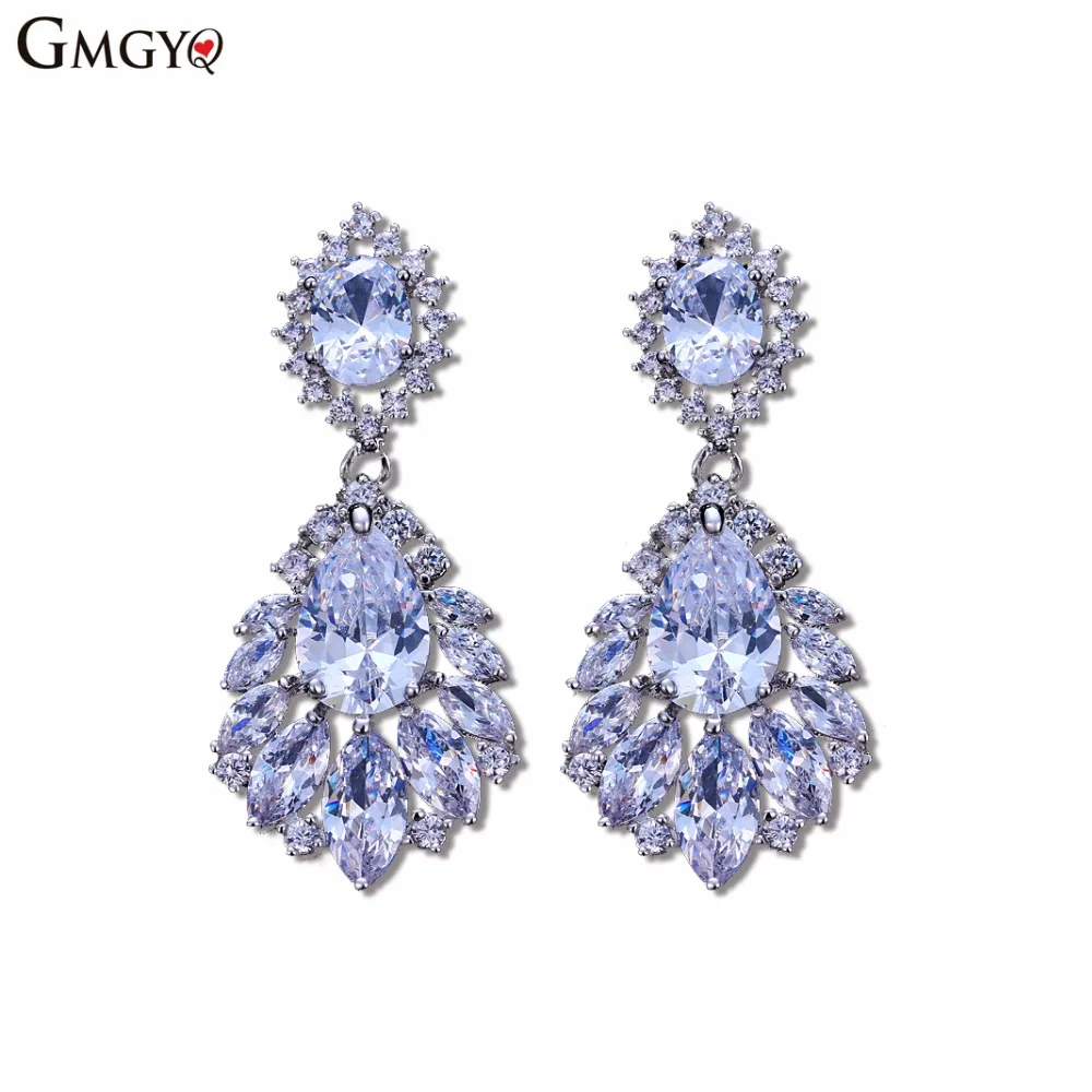 

GMGYQ Fashion Zircons Elegante Kroonluchter Zirconia Lange Grote Crystal Bridal Dangle Drop Earring Voor Bruiloft Sieraden