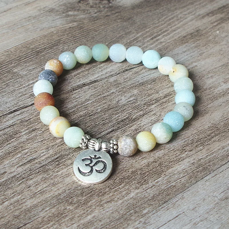 Pulsera de hilo de piedra de amazonita mate, pulsera Mala de Chakra de Yoga, pulsera OM Lotus para mujeres y hombres, pulsera con cuentas, joyería hecha a mano