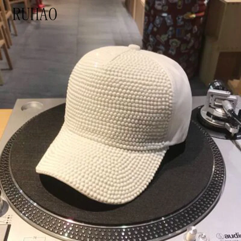 RUHAO 2019 Rhinestones Baseball Cap For Women Summer Cotton Hat Girls Snapback luxury pearl Sequins  Hip hop hat Gorras Casque